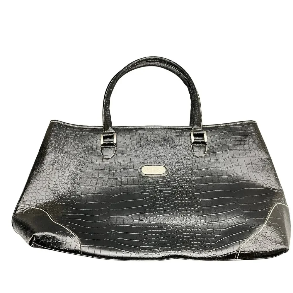Bob Mackie Large Black Croc Print Vegan Faux Leather Top Handle Tote Bag Purse